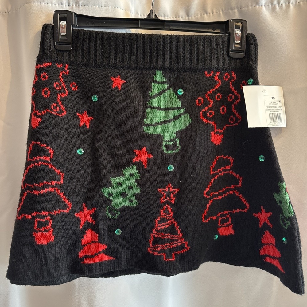 Christmas Tree Jeweled Sweater Skirt XS Knit Skater Flare Black Red Green